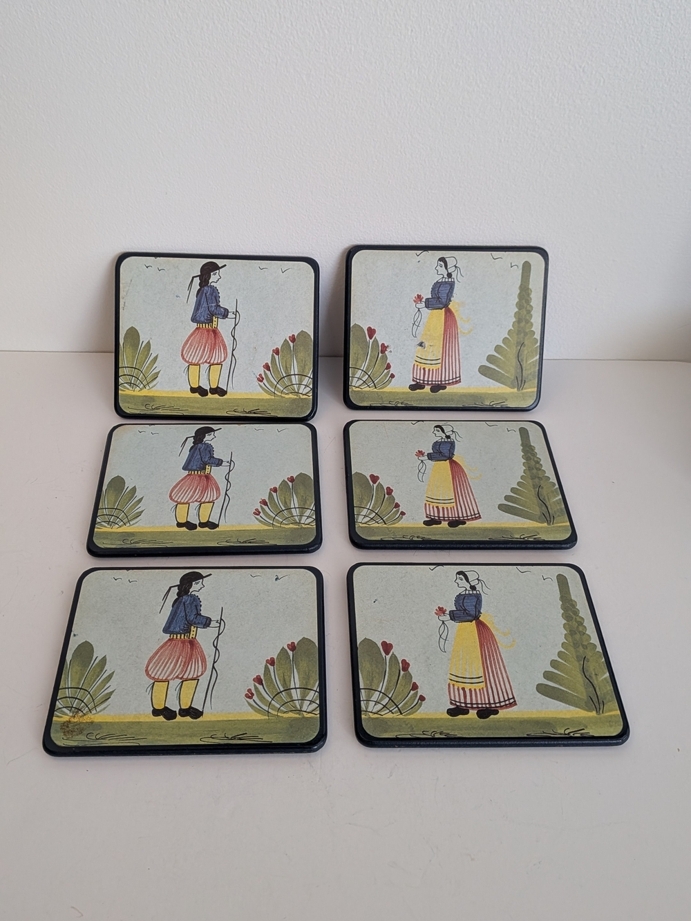 Vintage Drink Coasters Lady Clare HB Henriot Quimper Illustrated Set Of 6